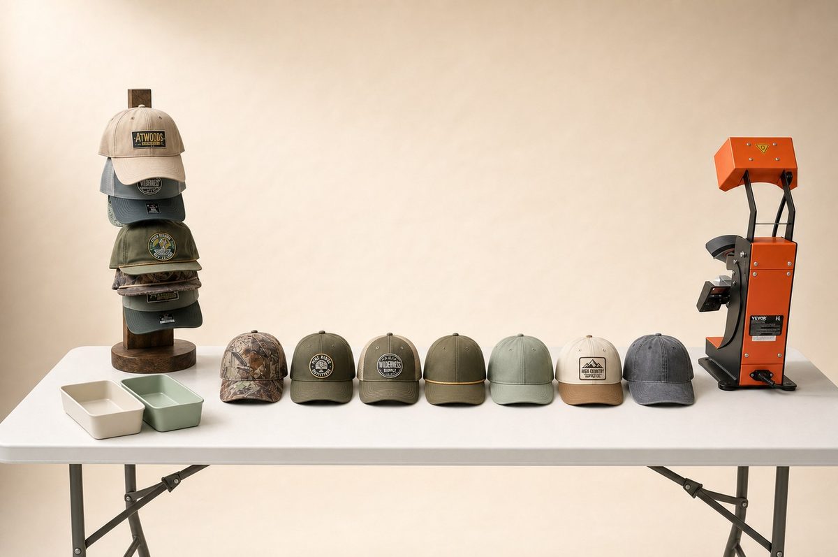 Full Hat Bar setup with hat stand, lineup of custom hats, and heat press on a clean studio table