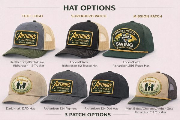 Seven hat styles in trucker, dad-hat, rope, and pigment options paired with patches