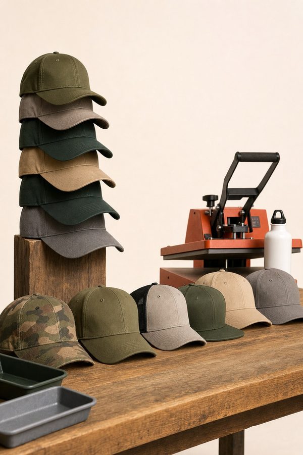 The Hat Bar setup: hat selection on a wooden table with heat press — clean editorial product shot