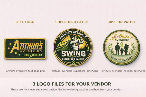 Three Arthur’s Avengers patch designs: text logo, superhero, and mission seal